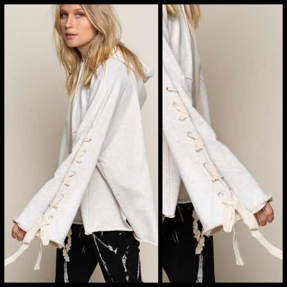 POL “Urban Chic” French Terry Hoodie Top Criss Cross Laces Down Sleeves Raw Hem - Picture 3 of 16